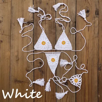 Women Fashion Sexy Crochet Flower Halter-Neck Lace-Up Bikini Swimsuit