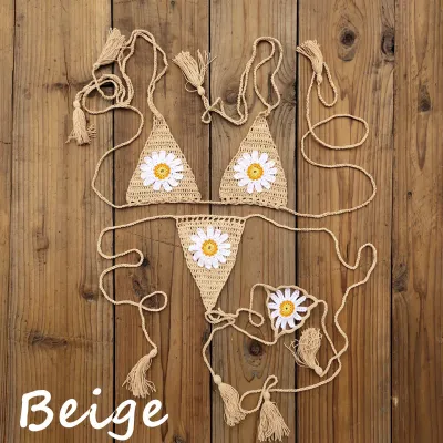 Women Fashion Sexy Crochet Flower Halter-Neck Lace-Up Bikini Swimsuit