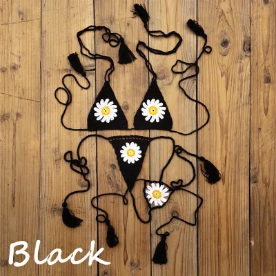 Women Fashion Sexy Crochet Flower Halter-Neck Lace-Up Bikini Swimsuit