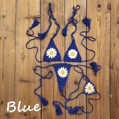 Women Fashion Sexy Crochet Flower Halter-Neck Lace-Up Bikini Swimsuit