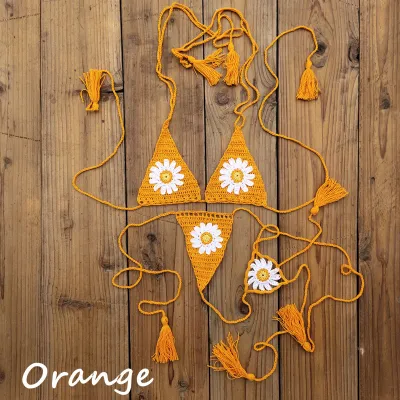 Women Fashion Sexy Crochet Flower Halter-Neck Lace-Up Bikini Swimsuit