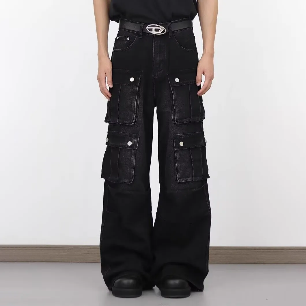 Men Fashion Casual Washed Black Multi-Pocket Loose Wide-Leg Cargo Denim Jeans