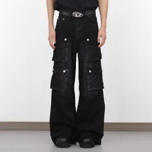 Men Fashion Casual Washed Black Multi-Pocket Loose Wide-Leg Cargo Denim Jeans