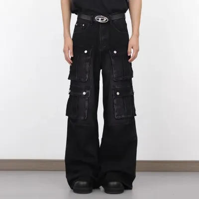 Men Fashion Casual Washed Black Multi-Pocket Loose Wide-Leg Cargo Denim Jeans