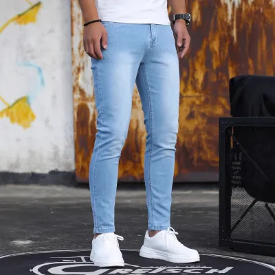 Men's Fashion Casual Stretch Skinny Jeans Mid-Waist Solid Color