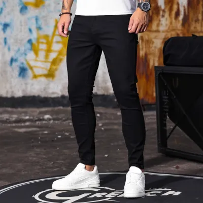 Men's Fashion Casual Stretch Skinny Jeans Mid-Waist Solid Color