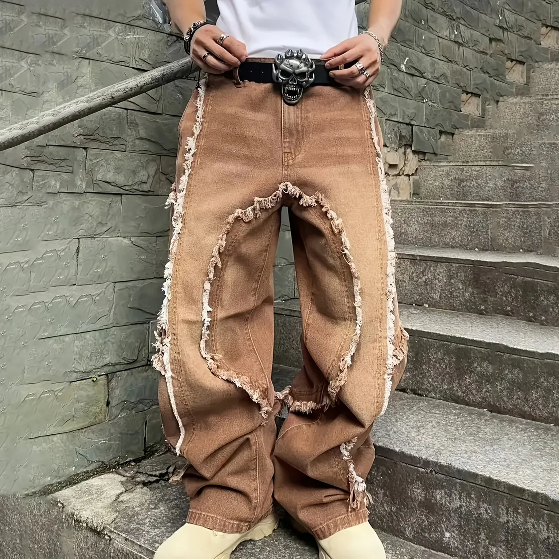 Men's Fashion Casual Fringed Wide-Leg Mid-Waist Denim Jeans