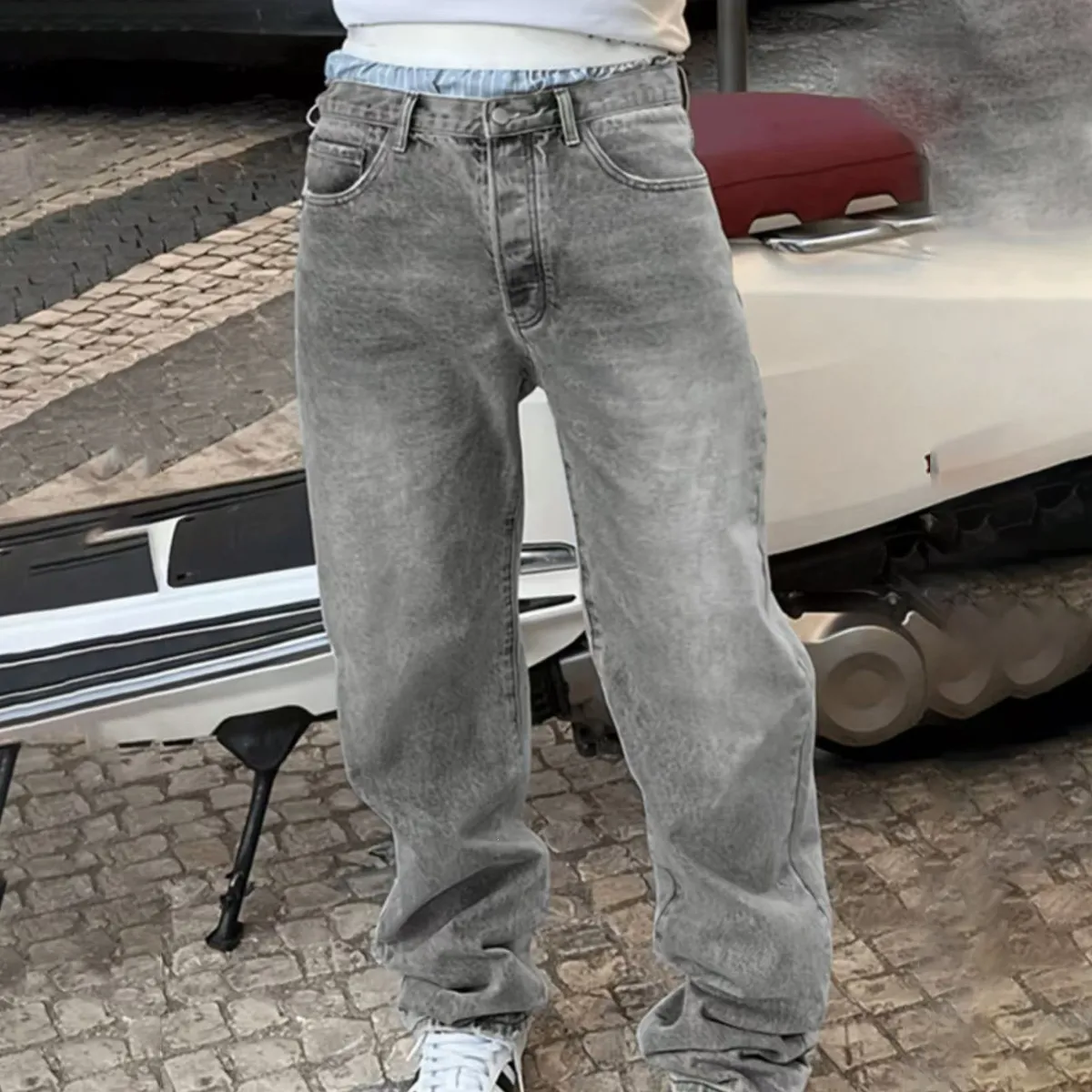 Men's Casual Lt.Grey Loose Straight Denim Jeans Mid-Waist