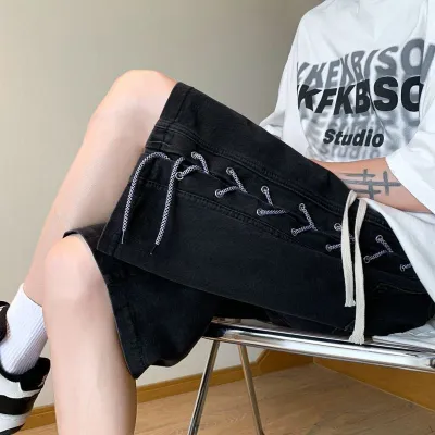 Men Fashion Vintage Casual Side Rope Woven Loose Denim Shorts