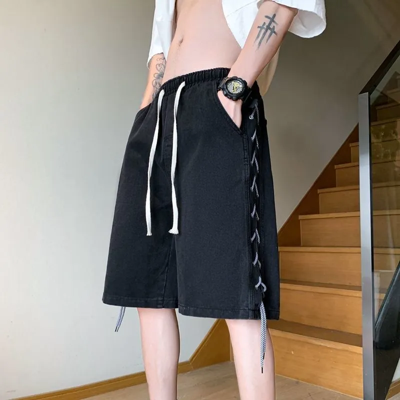 Men Fashion Vintage Casual Side Rope Woven Loose Denim Shorts