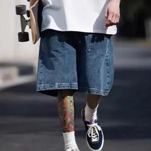 Men Fashion Casual Summer Loose Straight Washed Pocket Denim Shorts