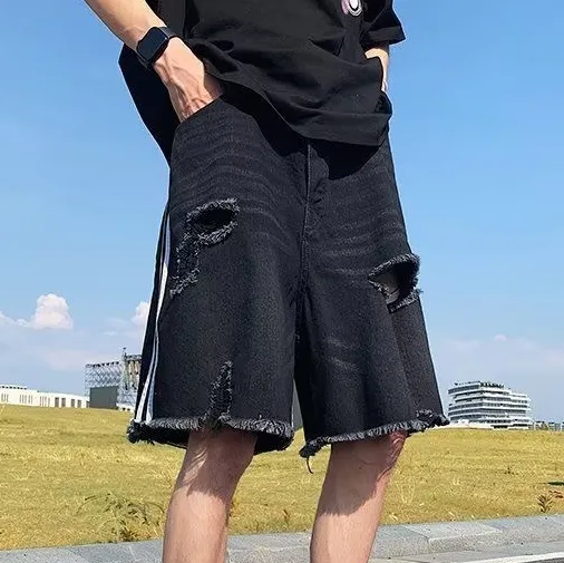 Men Vintage Casual Ripped Stripe Loose Denim Shorts