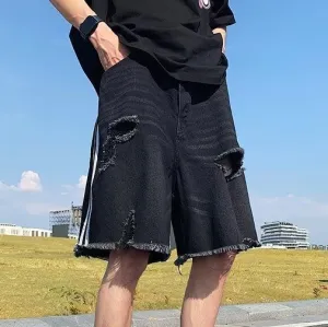 Men Vintage Casual Ripped Stripe Loose Denim Shorts