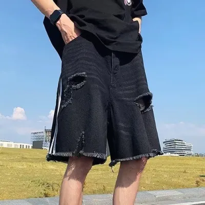Men Vintage Casual Ripped Stripe Loose Denim Shorts