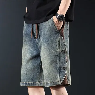 Men Retro Stitching Loose Straight Denim Shorts
