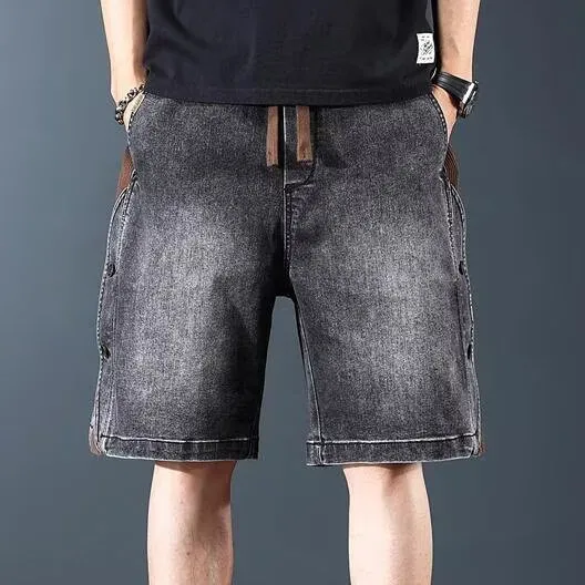 Men Retro Stitching Loose Straight Denim Shorts
