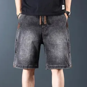 Men Retro Stitching Loose Straight Denim Shorts