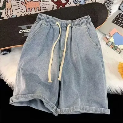 Men Fashion Casual Drawstring Straight Denim Shorts