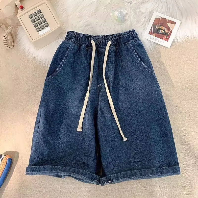 Men Fashion Casual Drawstring Straight Denim Shorts