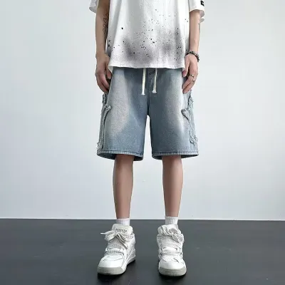 Men Fashion Casual Five Pointed Star Stitching Loose Wide Leg Denim Shorts