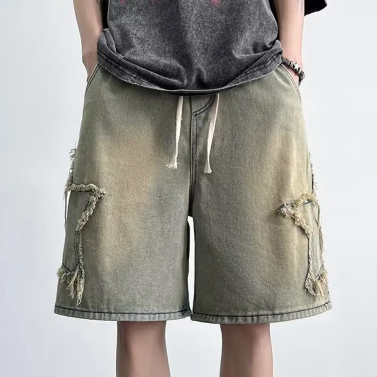 Men Fashion Casual Five Pointed Star Stitching Loose Wide Leg Denim Shorts