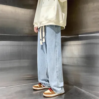 Men Fashion Casual Spring and Summer Drawstring Loose Straight Jeans