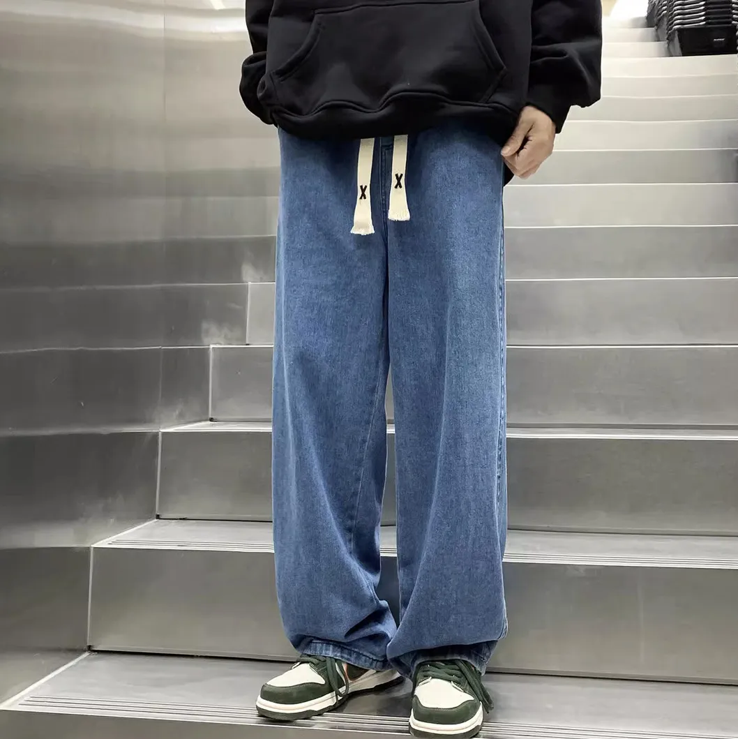 Men Fashion Casual Spring and Summer Drawstring Loose Straight Jeans