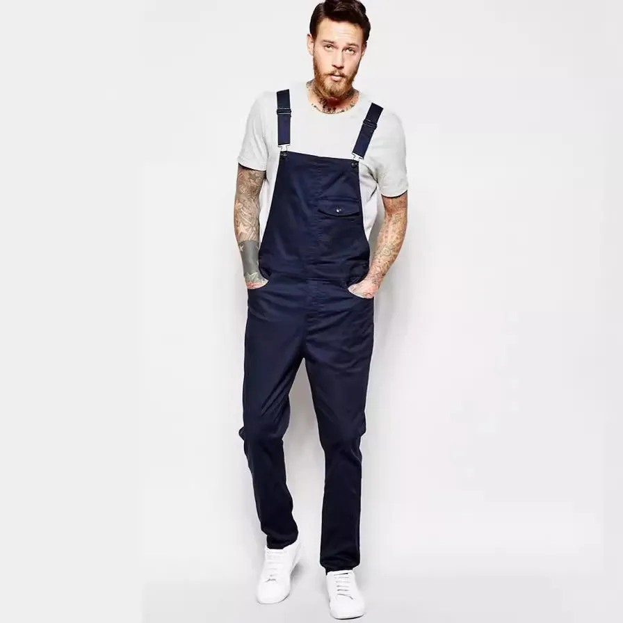 Men Fashion Casual Solid Color Straight-Leg Cotton Denim Overalls