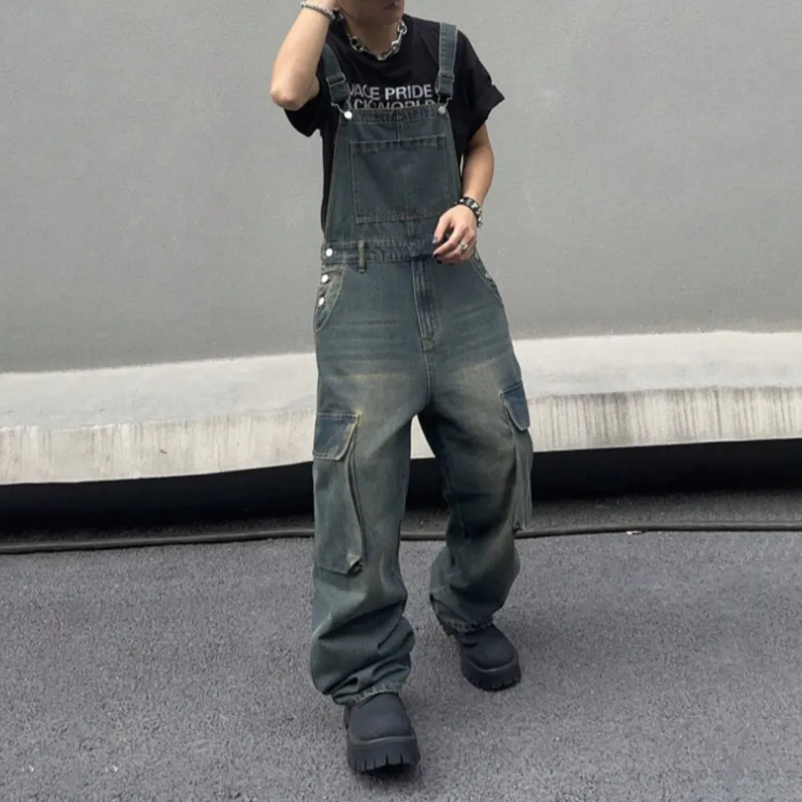 Men's Fashion Casual Pockets Denim Suspender Overalls Loose Fit Straight Leg