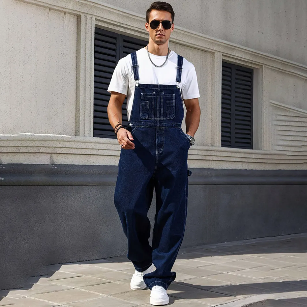 Men's Fashion Casual Loose Fit Denim Suspender Overalls Straight Leg