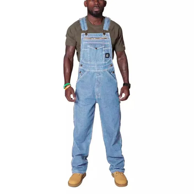 Men's Fashion Contrast Color Denim Suspender Overalls Mid-Waist Straight Leg