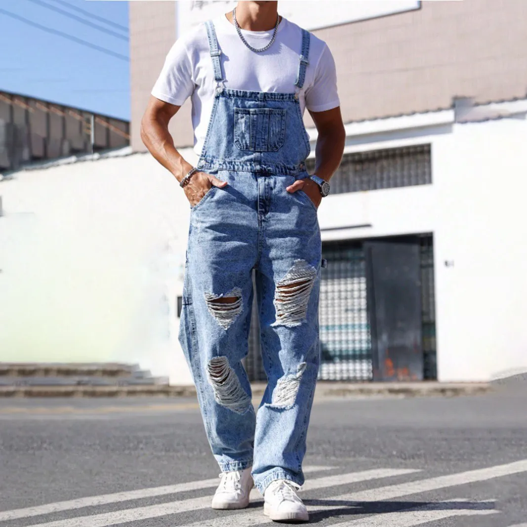 Men Fashion Ripped Denim Overalls Casual Loose Fit Straight Leg Mid Waist Cotton