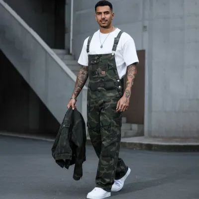 Men's Fashion Camouflage Denim Overalls Suspender Pants Loose Fit