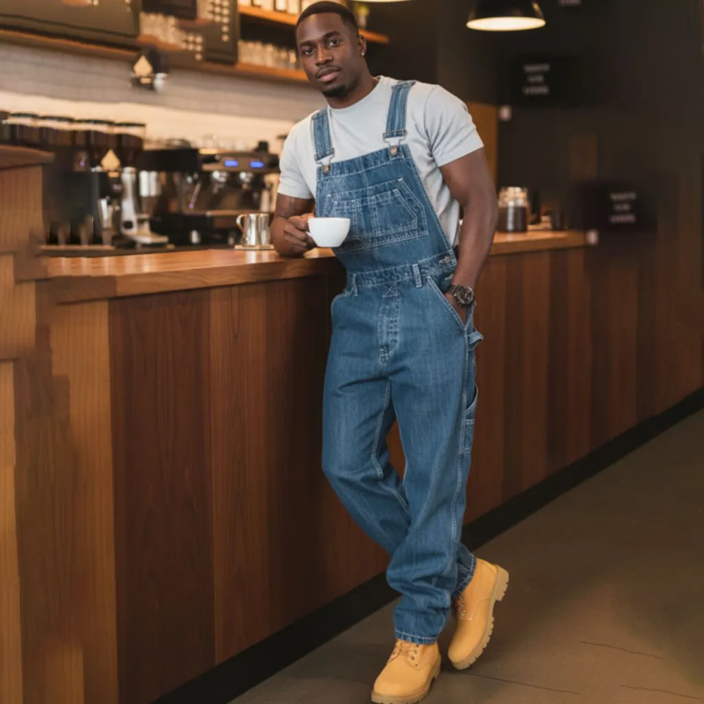 Men Fashion Casual Loose-Fitting Straight-Leg Denim Overalls