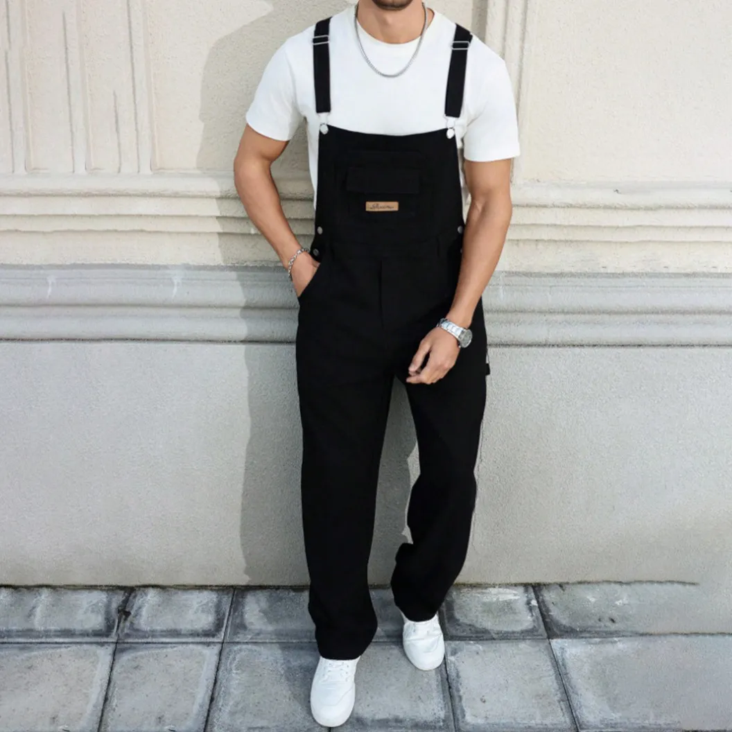 Men Fashion Casual Classic Black Denim Overalls Suspender Loose Straight Leg Cotton