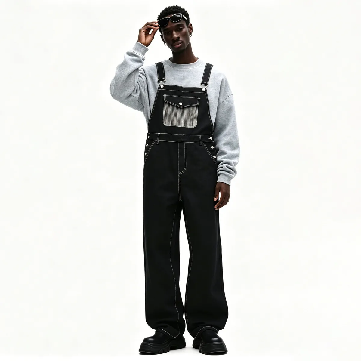 Men Fashion Casual Line Contrast Loose Denim Overalls