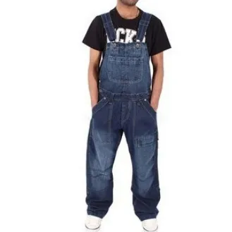 Men's Casual Loose Straight Denim Overalls Cotton Mid-Waist Suspender Pants