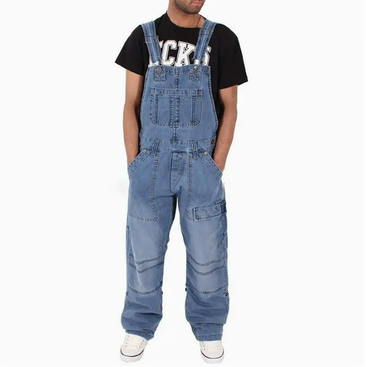 Men's Casual Loose Straight Denim Overalls Cotton Mid-Waist Suspender Pants