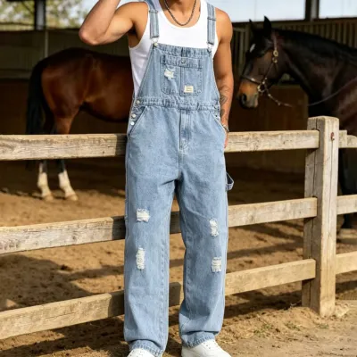 Men Fashion Vintage Ripped Loose Denim Overalls