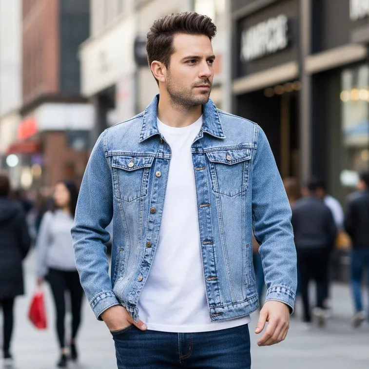 Men'S Fashion Casual Denim Jacket with Pocket Decoration