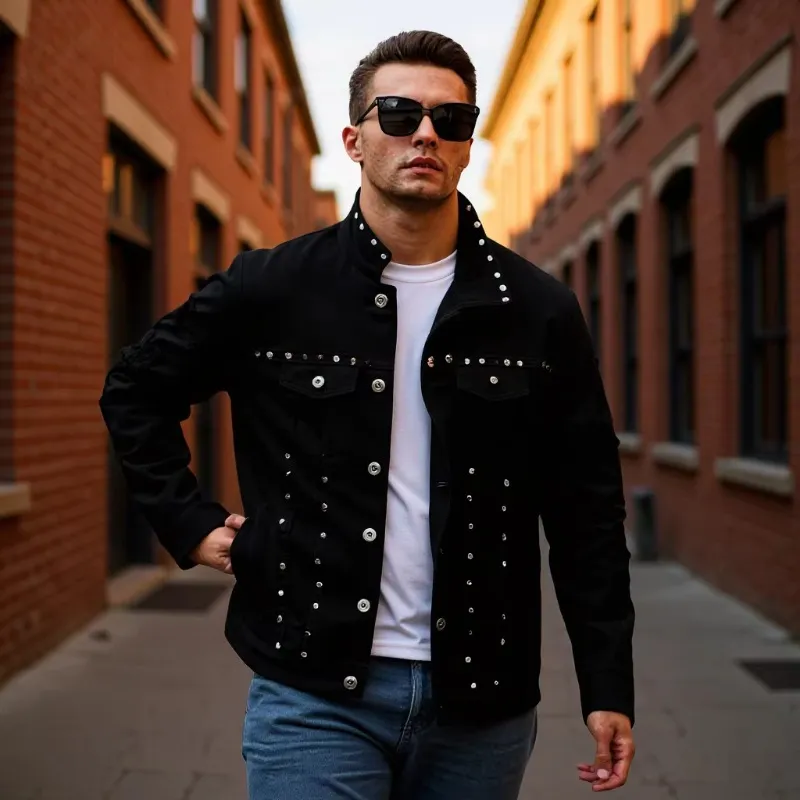 Men's Fashion Rivet Denim Jacket with Metal Decor Casual