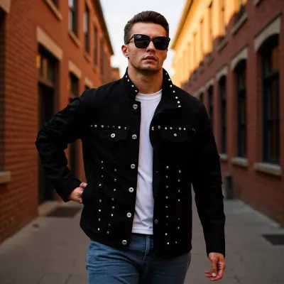 Men's Fashion Rivet Denim Jacket with Metal Decor Casual