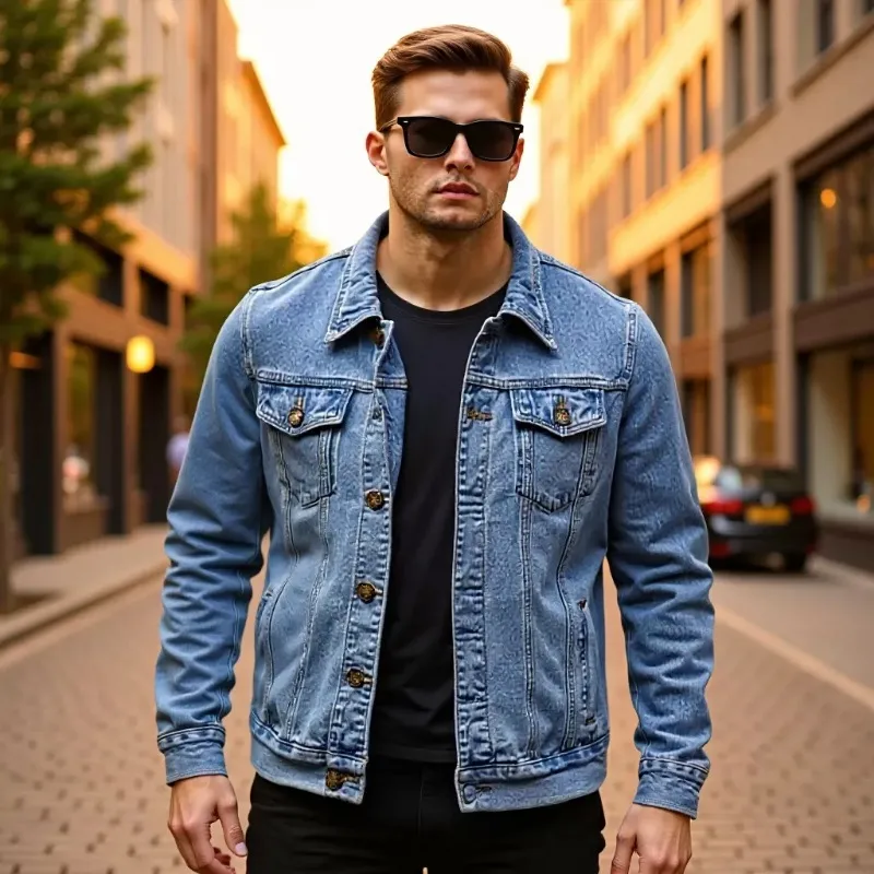 Men Fashion Casual Simple Solid Color Denim Jacket with Pocket Decoration