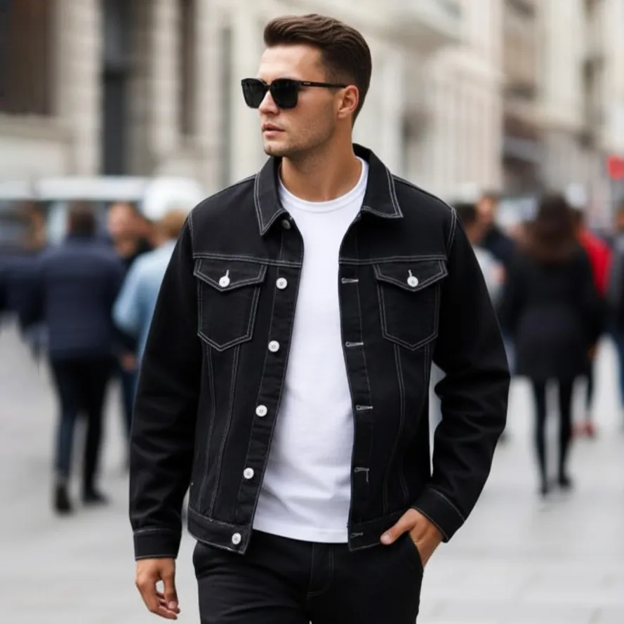 Men'S Fashion Casual Black Denim Jacket with Turn-Down Collar and Pockets