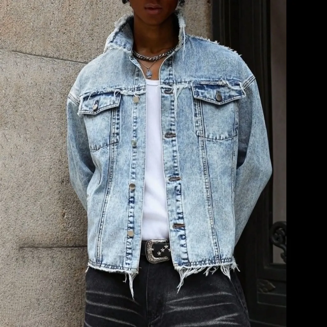 Men's Fashion Fringed Denim Jacket with Turn-Down Collar Cotton