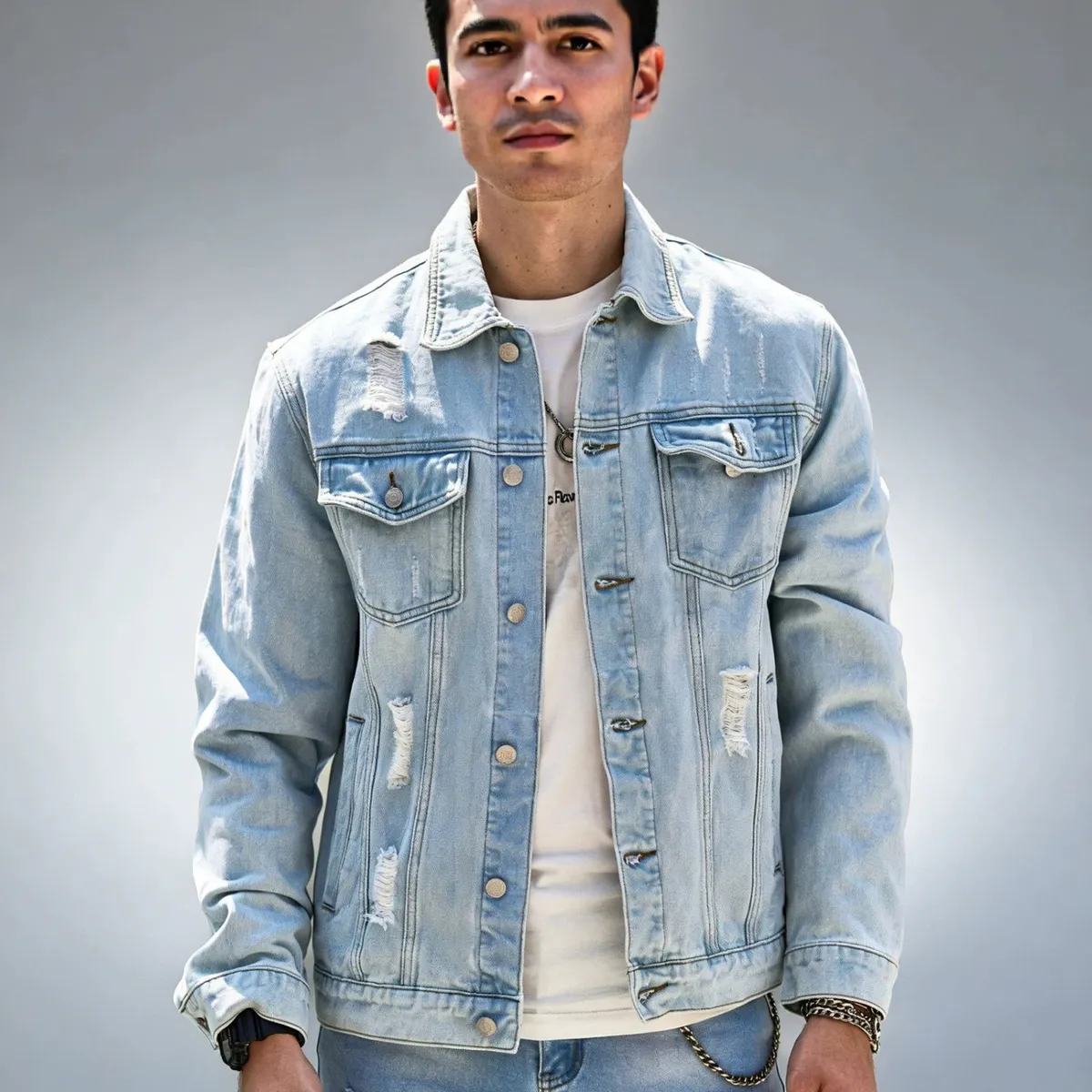 Men's Fashion Casual Washed Ripped Denim Jacket - Solid Color, Hug-Fit, Medium Length