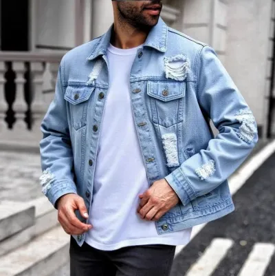 Men's Fashion Casual Ripped Loose Denim Jacket with Turn-Down Collar