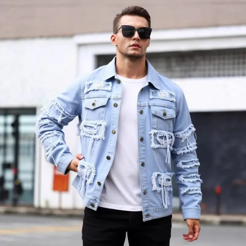 Men's Fashion Casual Patchwork Denim Jacket Loose Fit Long Sleeve