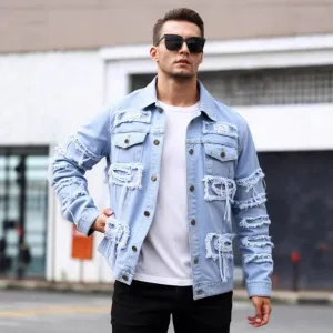 Men's Fashion Casual Patchwork Denim Jacket Loose Fit Long Sleeve