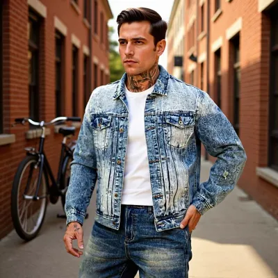 Men's Fashion Casual Washed Denim Jacket with Turn-Down Collar